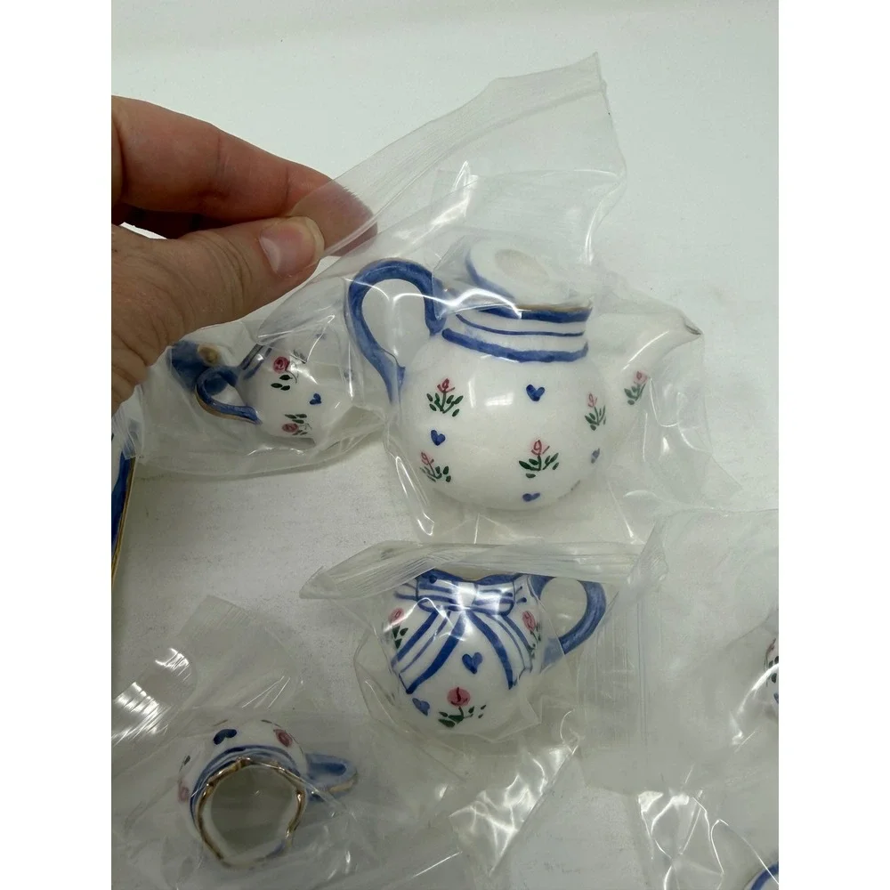 Miniature Tea Set Blue White Floral Roses Tray Dollhouse Display Original Box